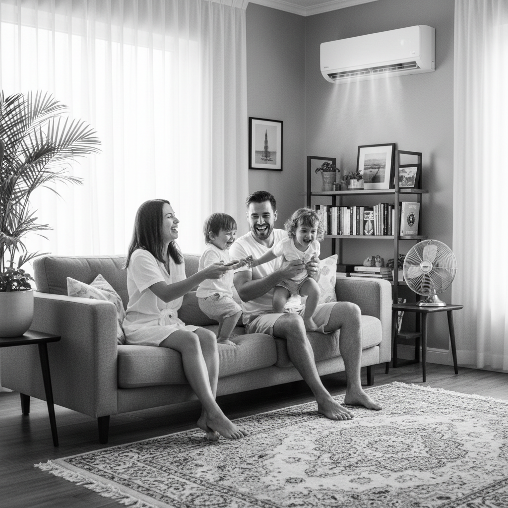 A happy family of four sits on a couch in a living room while an air conditioner blows cool air from the wall above them.